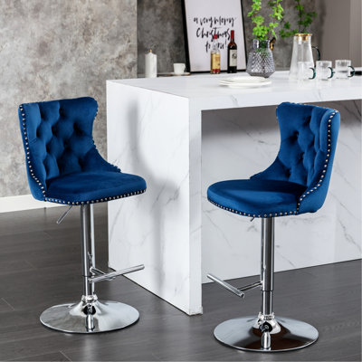 Velours moderne, siège réglable en hauteur de 25 à 33 pouces, dossier confortable pour la maison et la cuisine (bleu, maison bleue de 2 pouces, îlot (