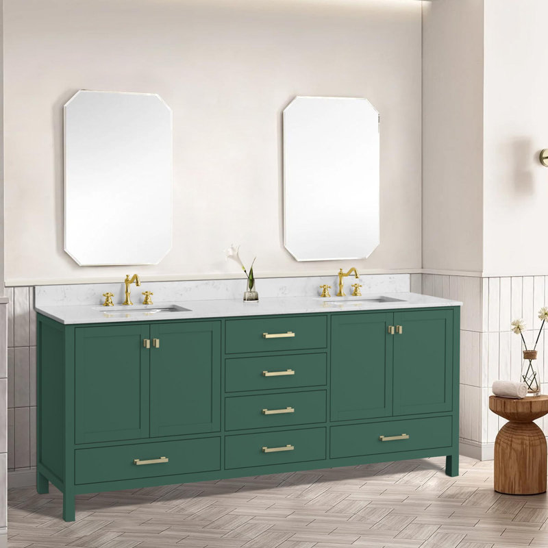 Meuble-lavabo moderne autoportant, Vert/doré, 84"