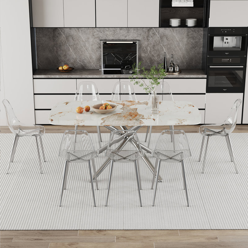 Ensemble repas élégant en marbre blanc avec plateau en verre et 8 chaises transparentes