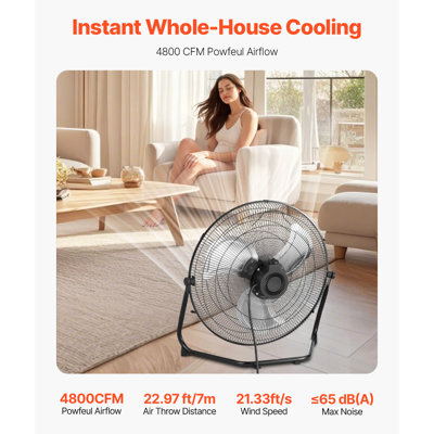 Ventilateur sur pied, 3 vitesses, haute vélocité, robuste, industriel, 50 cm (20 pouces), débit d'air de 4 800 CFM, inclinaison réglable à 360°, 6,5 m/s (21,33 pi/s), grand format en métal, idéal pour salle de sport, bureau, garage, atelier et chambre.
