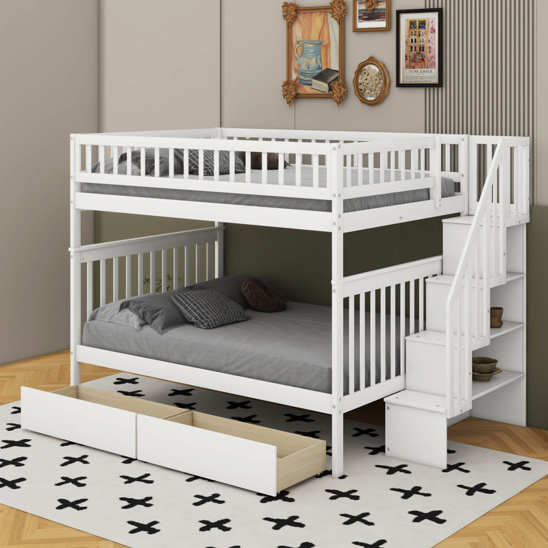 Full Over Full Bunk Bed With Drawers, White