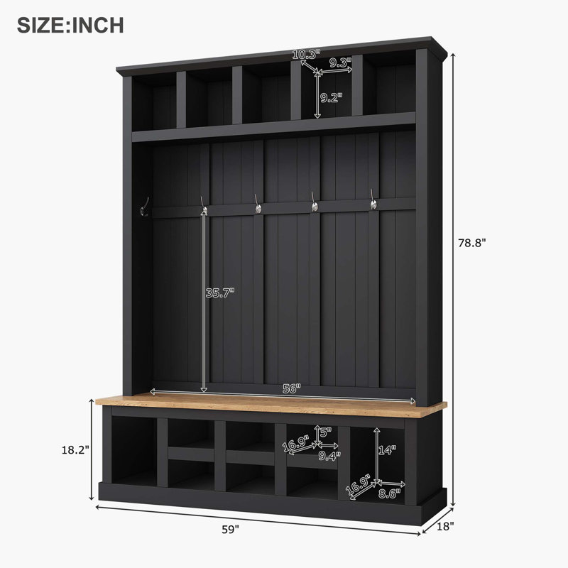 79"H Farmhouse Hall Tree with Storage Bench, Entryway Shoe Storage, 13 Compartments and 6 Hooks, Black, Black