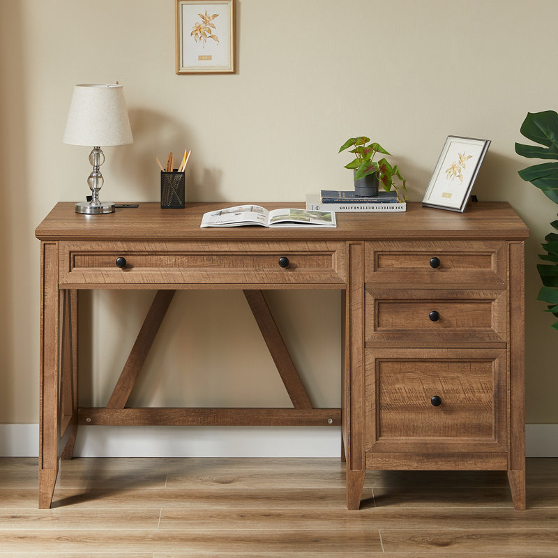 54'' Farmhouse Executive Desk With Storage, Home Office Desk With Drawers, File Cabinet And Power Outlets, Brown