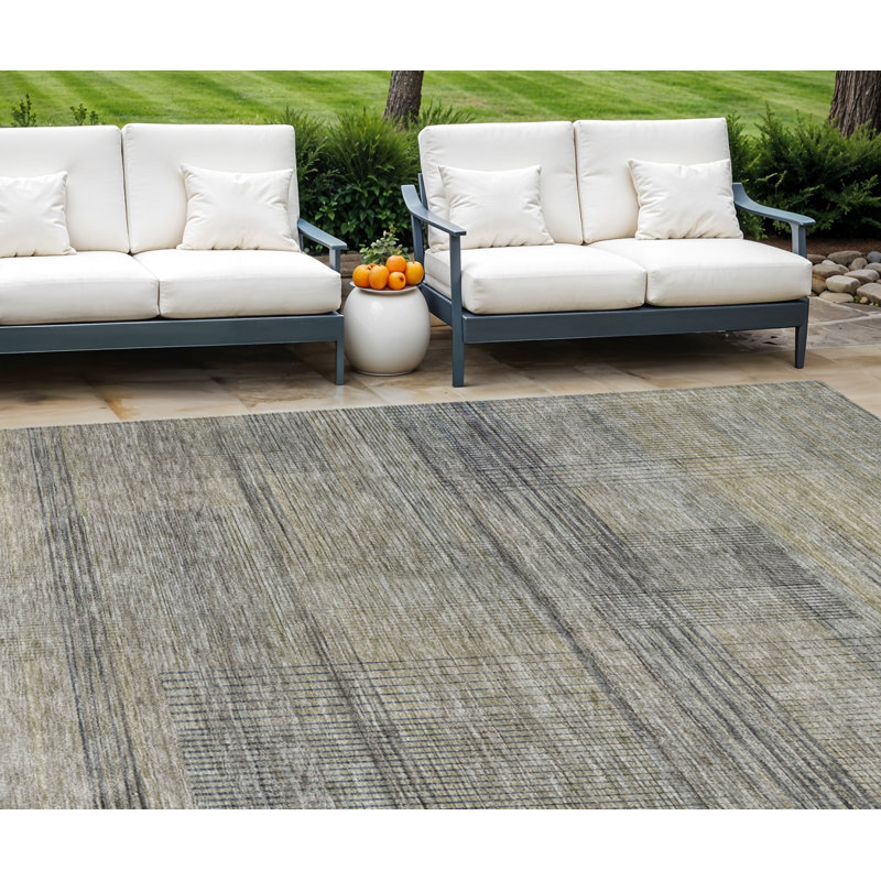 Tapis extérieur lavable rayé beige et gris kaki 10 pi x 14 pi