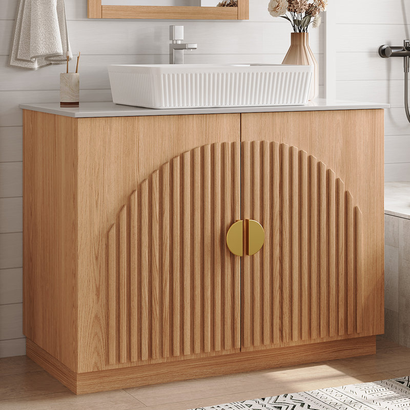 36" Single Bathroom Vanity With Stone Countertop And Sink, White, Natural Wood