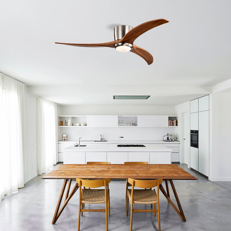 52" Flush Mount Fan Light,3 PCS Solid Wood Blades Ceiling Fan with Lights Remote Control,Quiet DC Motor, 6 Speed ,Reversible Ceiling Fan for Patio Living Room, Bedroom, Office,Indoor.(Stain Nickel )
