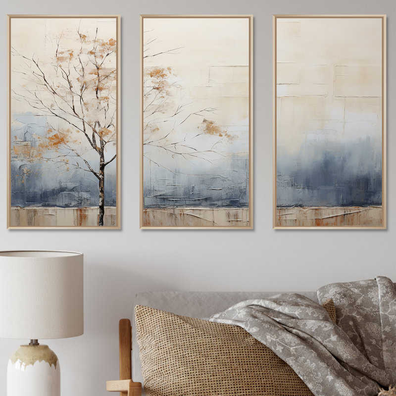 Minimalisme beige et bleu, campagne I - ensemble d'art mural campagne, Cadre naturel flottant, H 40 po x l 60 po x P 1 po