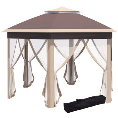 Outsunny 3 x 4m Garden Gazebo Hexagon Pop Up Gazebo, Khaki