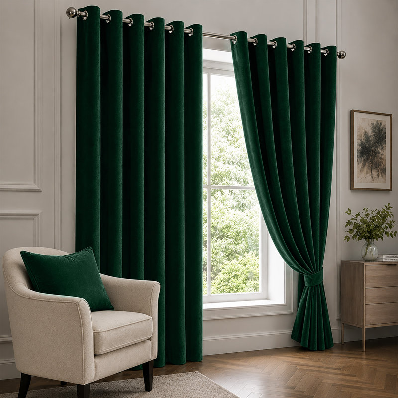 Emerald Velvet Eyelet Curtains Room Darkening Window Panels Soft Touch Pair, 117 cm X 137 cm