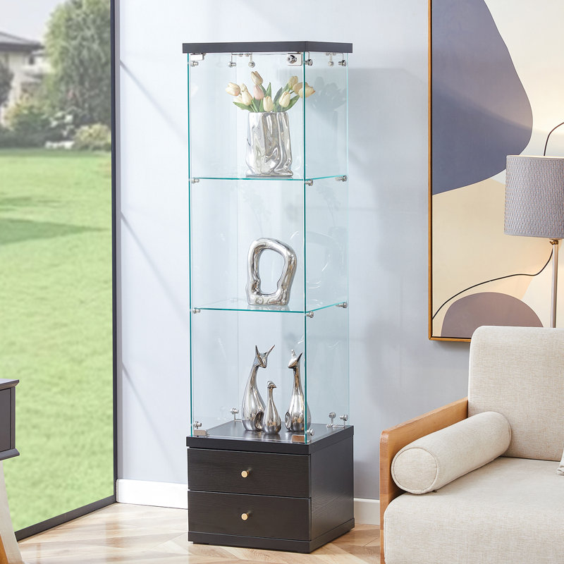 Vitrine en verre trempé avec 2 tiroirs