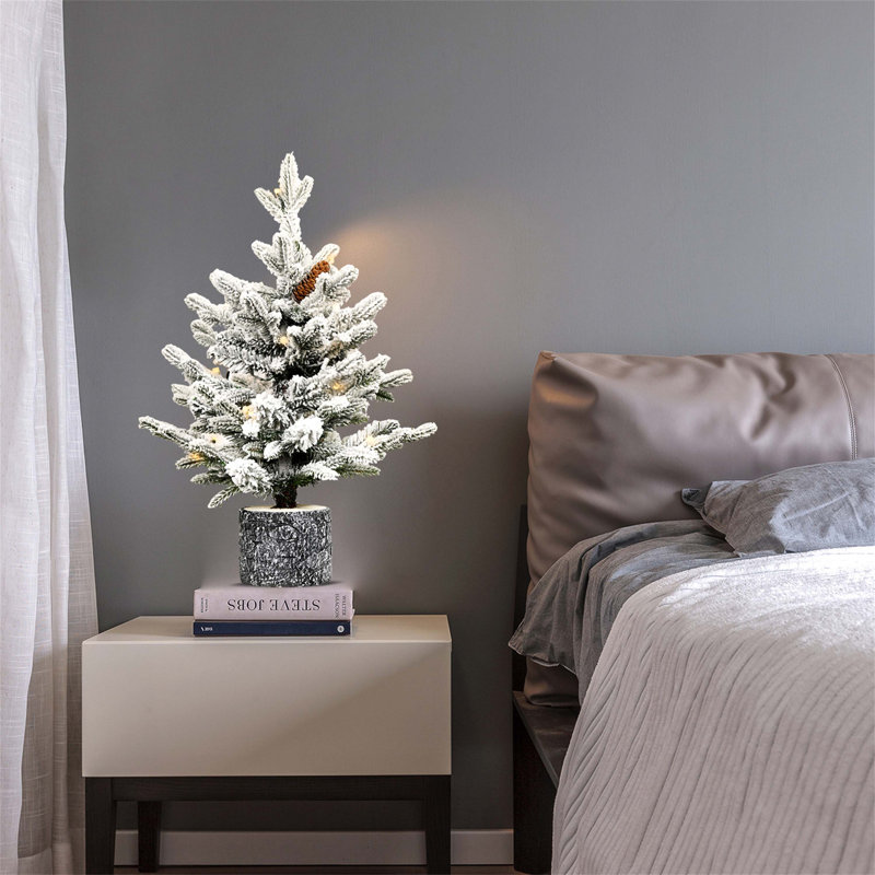 Flocked Christmas Tree with Pot Base and LED Lights, Featuring Realistic Tips and Pine Cones, Ideal for Tabletop and Home Decor
