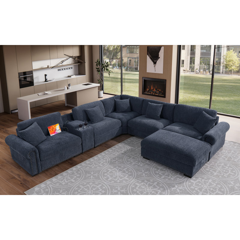 Errett Upholstered Corner Sectional with Storage & Cup Holder Console, 5 Throw Pillows, Dark Blue Polyester