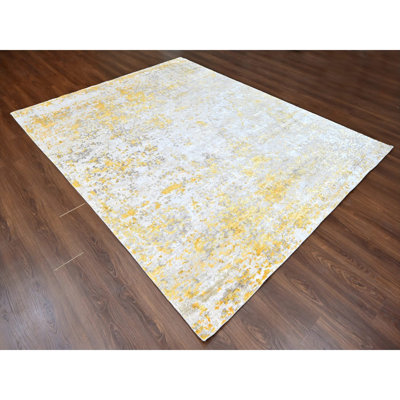 8'x9'9" Beige with Gold, Abstract Design, Wool and Silk, Hi-Low Pile, Hand Knotted, Oriental Rug