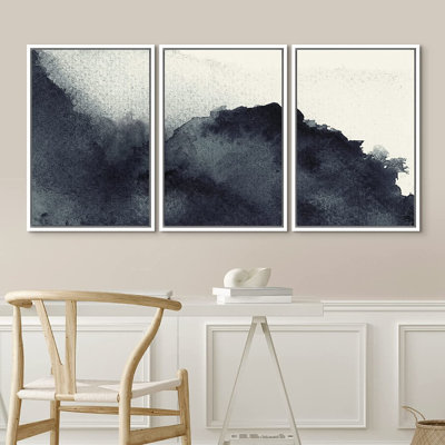 «Triptych Faded Gradient Zen Ink Dots Abstract», reproduction d'art sur toile encadrée 3 pièces