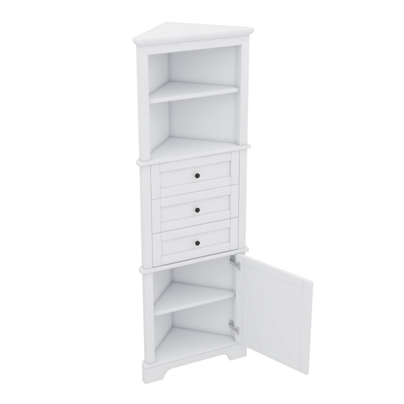 Armoire de coin triangulaire avec trois tiroirs et tablettes personnalisables, Blanc