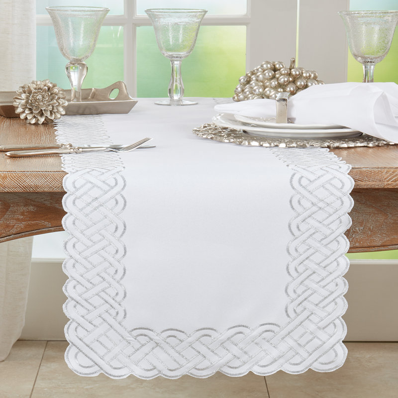 Braid Embroidered Metallic Border Table Runner, Silver, 90" L x 16" W