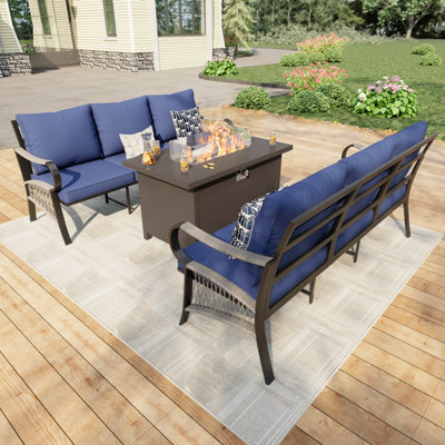3-Piece Outdoor Sofa Set With Fire Pit Table, Patio Conversation Furniture Set For 6, Blue Cushion