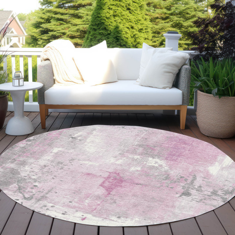 Tapis intérieur / extérieur rose lavable à la machine Xhevrie, Rond 8 pi