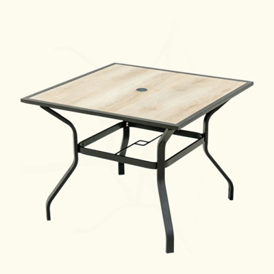 Outdoor Patio Dining Table Square Metal Table With Umbrella Hole And Wood-Look Tabletop For Porch,Garden,Backyard,Balcony(1 Table)