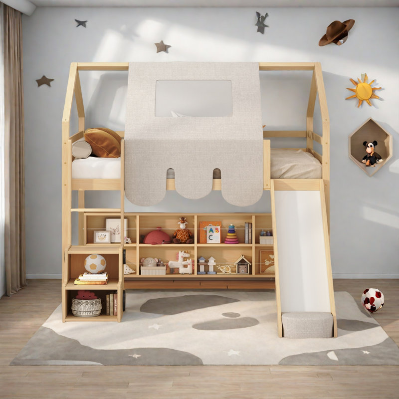 Lit mezzanine en bois pleine grandeur en forme de maison avec tente, Naturel, Double
