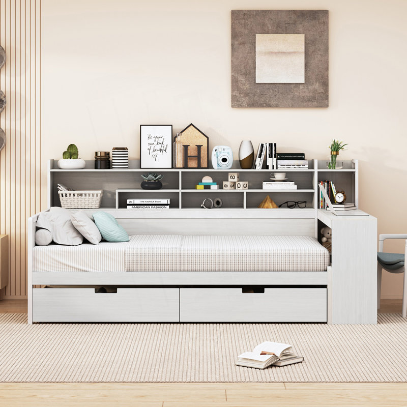 Lit de jour simple avec tablettes de rangement, lit multifonctionnel avec deux tiroirs de rangement, lit d'invité