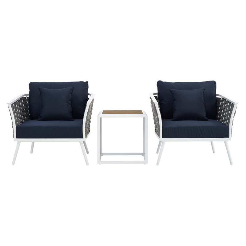 Modway Stance 3 Piece Outdoor Patio Aluminum Sectional Sofa Set, Navy, White