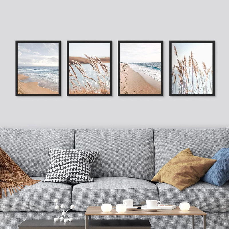 «Beach Grass», reproduction encadrée de 4 vagues océaniques, H 10 po x l 8 po x P 1 po, Cadre blanc