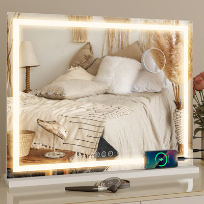 Makeup Mirror with 3 Color Lights, Large Lighted Vanity Mirror with Light Strip and Charging