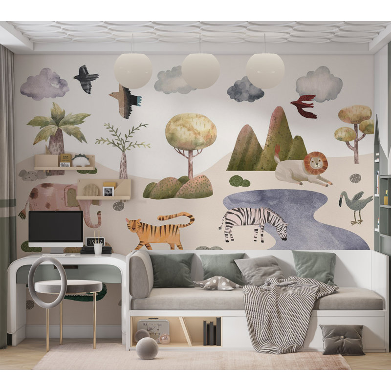 Papier peint pour enfants - Animaux de la savane aux couleurs pastel, L 177 po x L 124 po