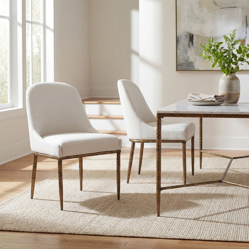 Urbina Modern Glam Upholstered Dining Chairs with Hammered Iron Legs, Beige Cushion/Forged Brass Frame
