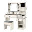 Meuble-lavabo blanc avec miroir à DEL mobile, réglage de la luminosité, plateau en verre, prise de recharge, 4 tiroirs, 2 armoires et tabouret
