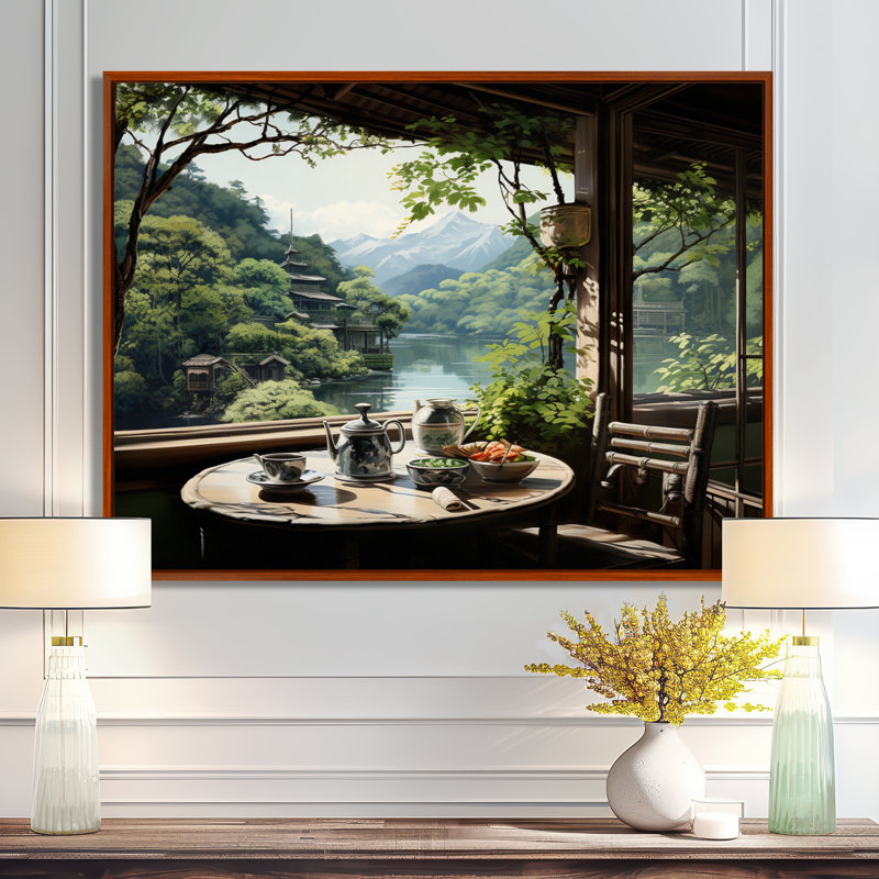 Art japonais, maison de thé Serenity - Art mural japonais, H 34 po x l 44 po x P 1,5 po, Brown Floater Framed