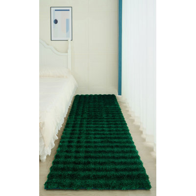 Sunny Collection Hand Woven Modern Grid Green Area Rug, 2' x 8' Runner