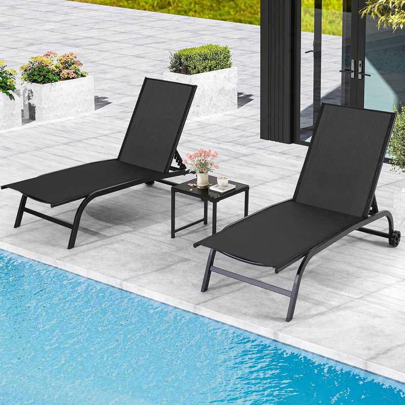 Patio Chaise Lounge Chair Set Of 2 With Table, Black