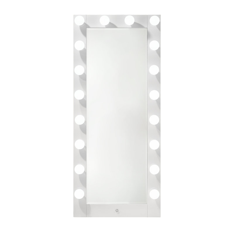 1Pc Glam Tall Lighted Mirror With Drawer Box Beveled Mirror Crystal Knob Glossy White Finish Vanity