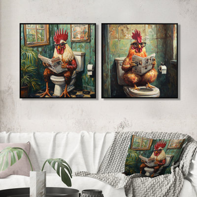 Coq lisant un journal dans la toilette I - décoration murale animal coq - art mural moderne 2 pièces