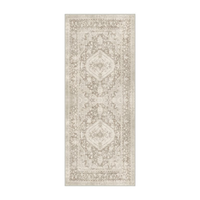 Machine Washable Oriental Beige / Taupe Hallway Runner With Non-Slip Backing