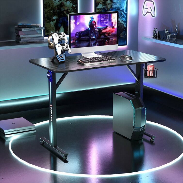  GTRACING 55 Inch Gaming Desk with LED Lights, Computer Gamer  Desk with Monitor Stand, Ergonomic Carbon Fiber Surface Gaming Table with  Power Outlet and Mouse Pad for Home Office, RGB 