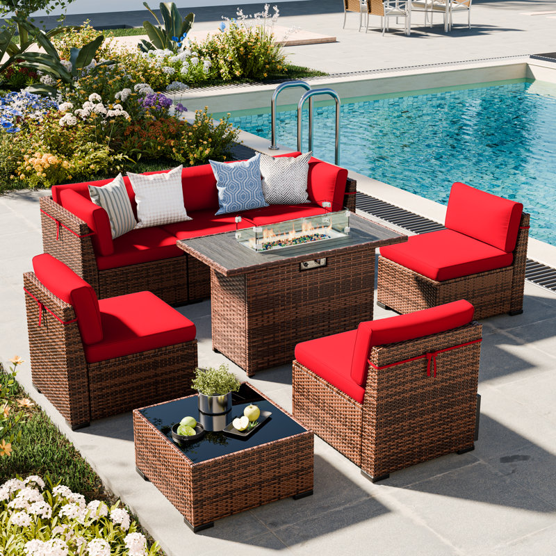 Treyshun 7 Piece Wicker Outdoor Modular Sectional Seating Group with Optional Fire Pit Table, Wine, Yes