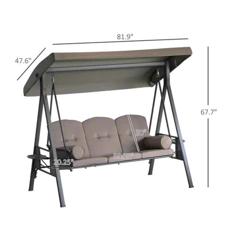 Balancelle de patio pour 3 personnes avec auvent en acier et coussins latéraux confortables brun, Brown