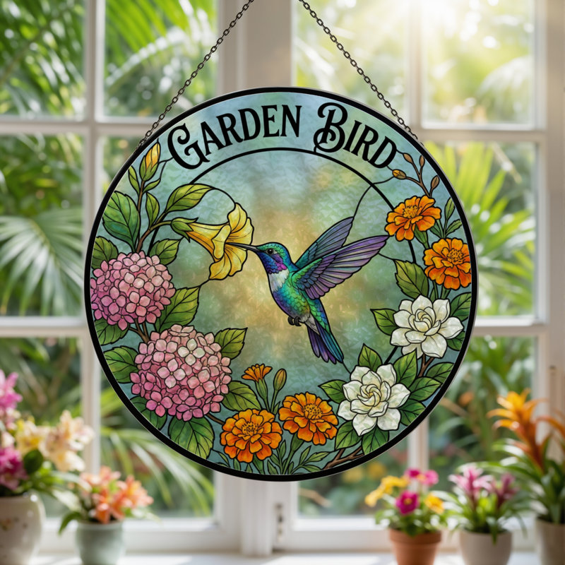 Panneau de vitrail 12 "Hummingbird Flowers, H 12 po x l 12 po