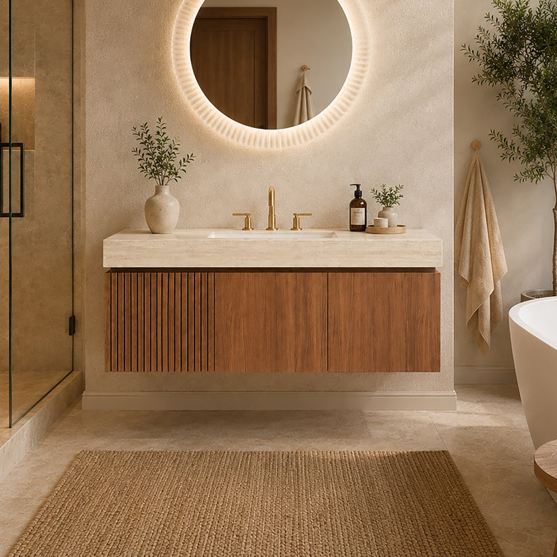 Ensemble de meuble-lavabo flottant moderne avec lavabo 48 po Alba, Chêne brun, Travertin beige