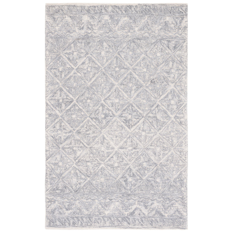 Jamyra Hand Tufted Wool/Cotton Geometric Rug in Ivory/Gray, Rectangle 4' x 6'