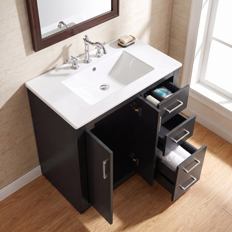 Ensemble de meuble-lavabo en bois massif 30 po + panneau de fibres à densité moyenne avec lavabo en céramique avec 3 tiroirs et portes à fermeture douce