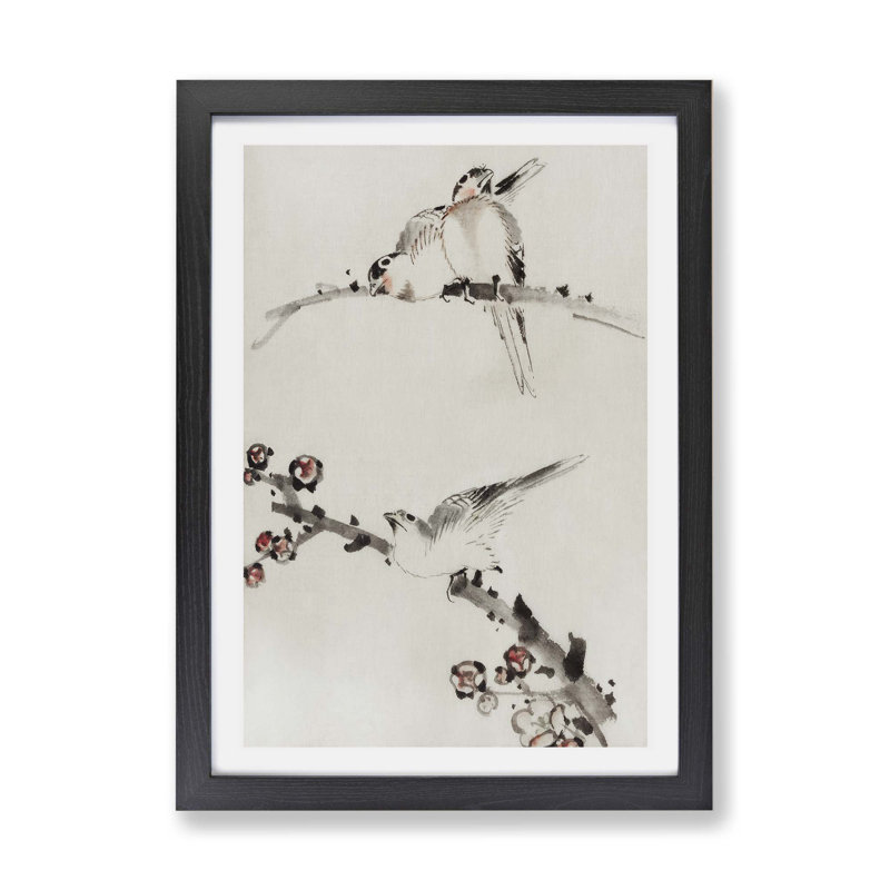 Three Birds Perched On Blossom Branches by Katsushika Hokusai - Single Picture Frame Painting, 24cm H x 33cm W x 2cm D, Black