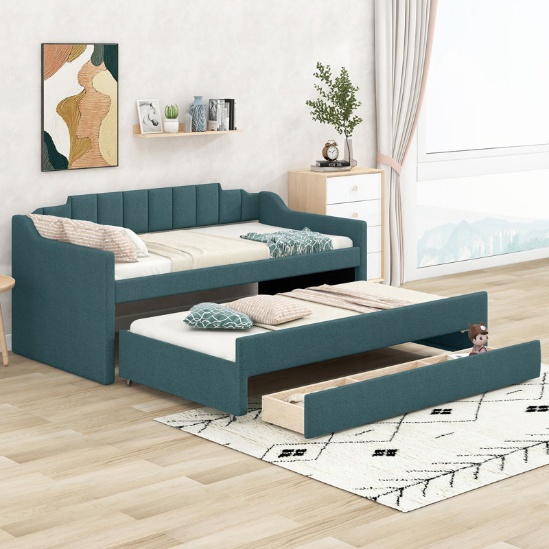 Twin Size Upholstered Daybed With Trundle And Three Drawers, Guest Bed, Green