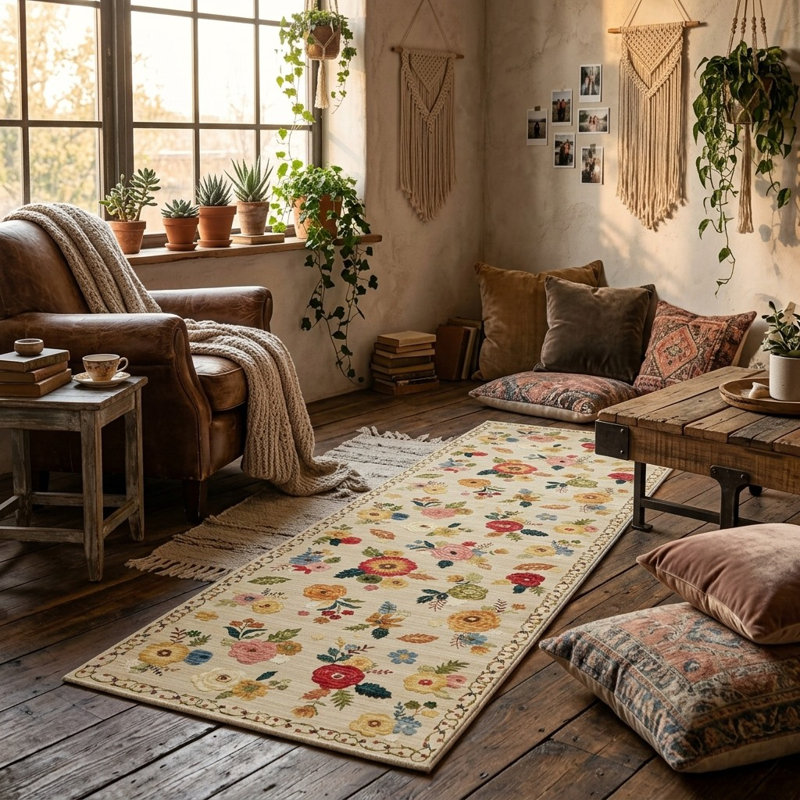Tapis de couloir de cuisine Boho, Floral beige