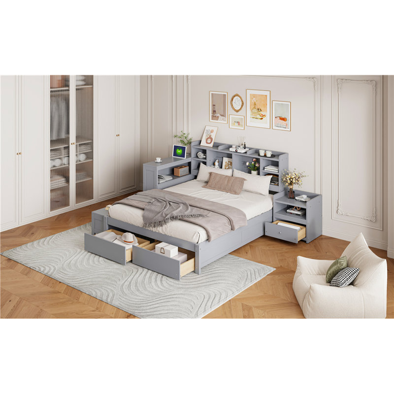 Lit plateforme en bois avec espace de rangement multifonctionnel, gris