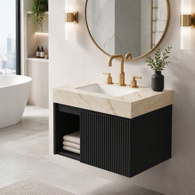 Bathroom Vanity with Carrara Grey Vein Sintered Stone Top and 2 Ceramic Basins, Floating Storage Cabinet, Black Colour, Disassembled