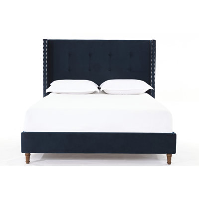 Traditional King Bed, 54" Headboard Height, Button Tufting, Nailhead Trim Wingback, Blue Velvet, No Box Spring Size Headboard, Tufting Decoration, Needed, Velvet
